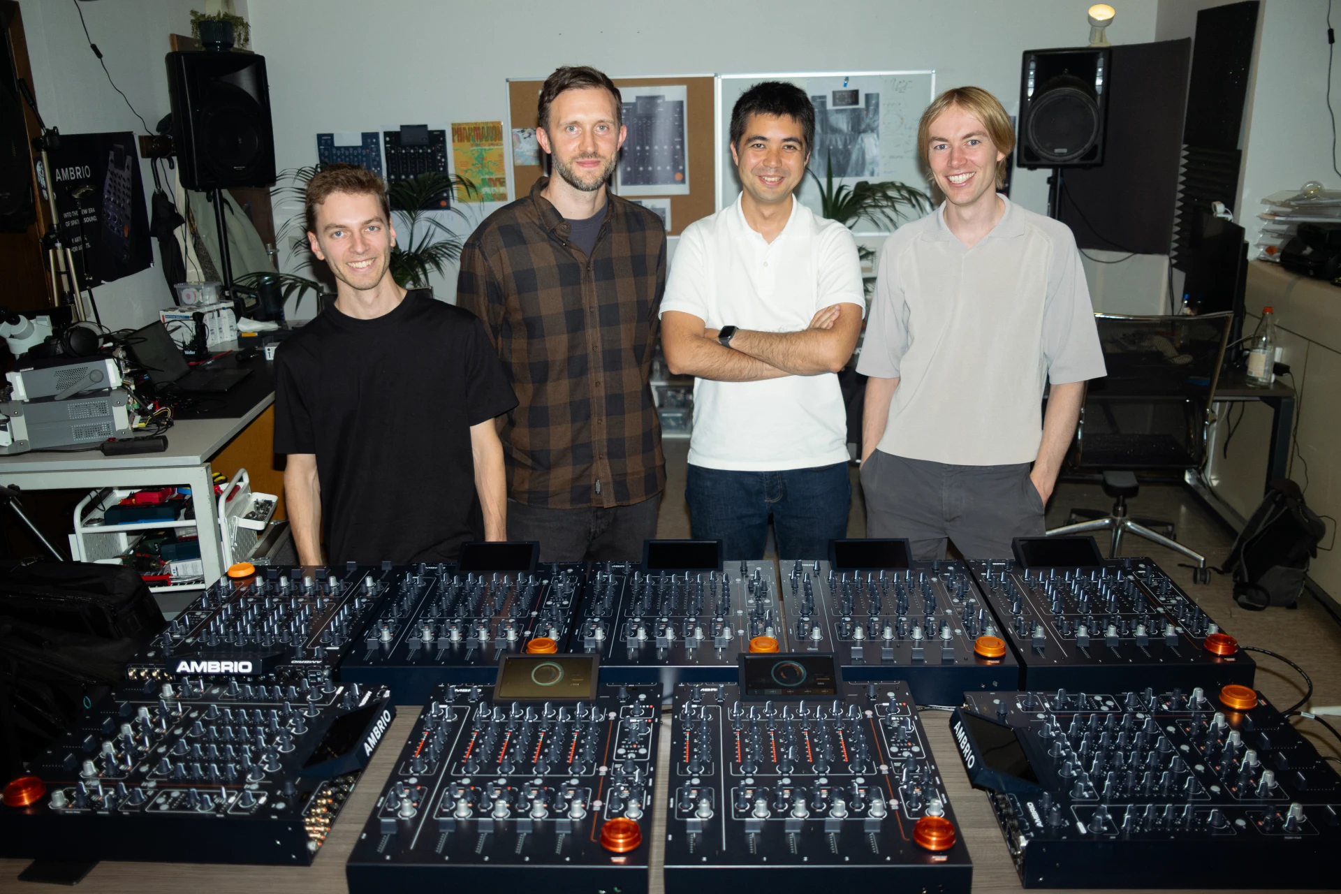The Ambrio team in their Brussels studio with the Ambrio SPM mixers